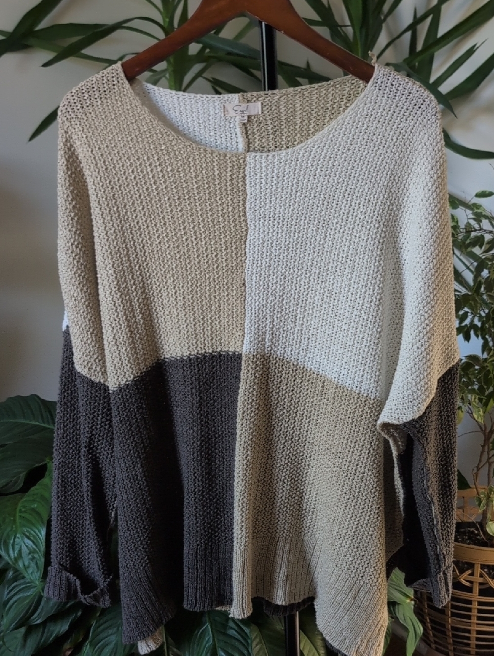 Easel Colorblock Open Knit Sweater - Beige, Cream & Grey